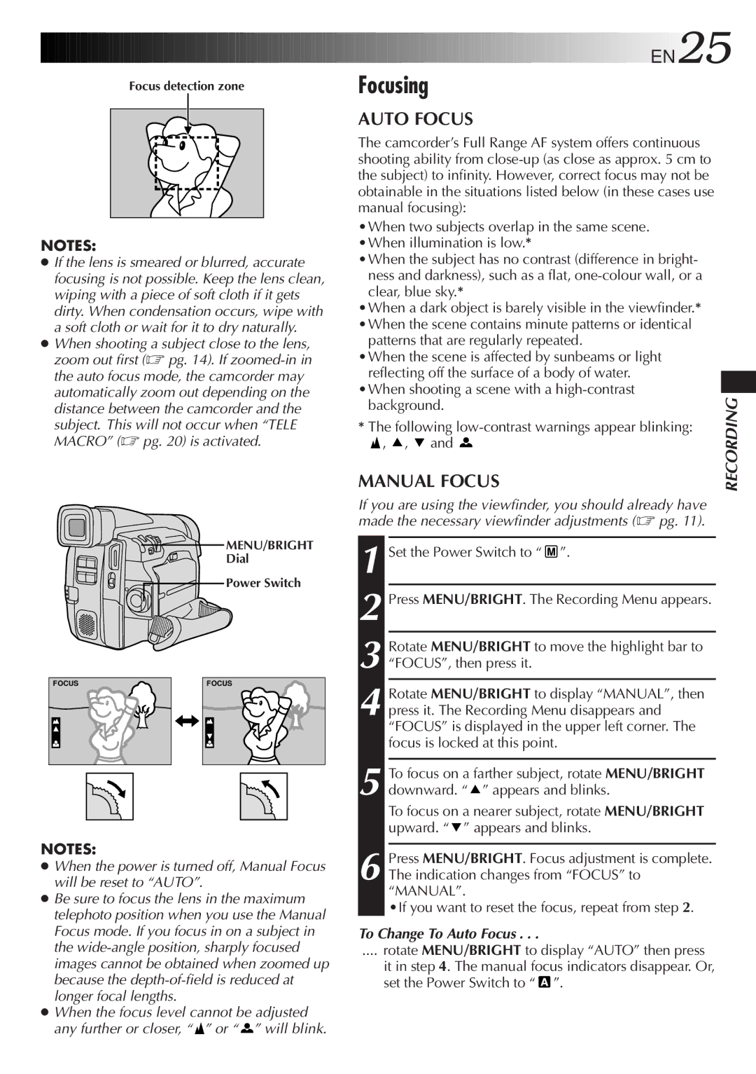 JVC GR-DVL33, GR-DVL28, GR-DVL48, GR-DVL38 specifications Focusing, EN25, Manual Focus, To Change To Auto Focus 