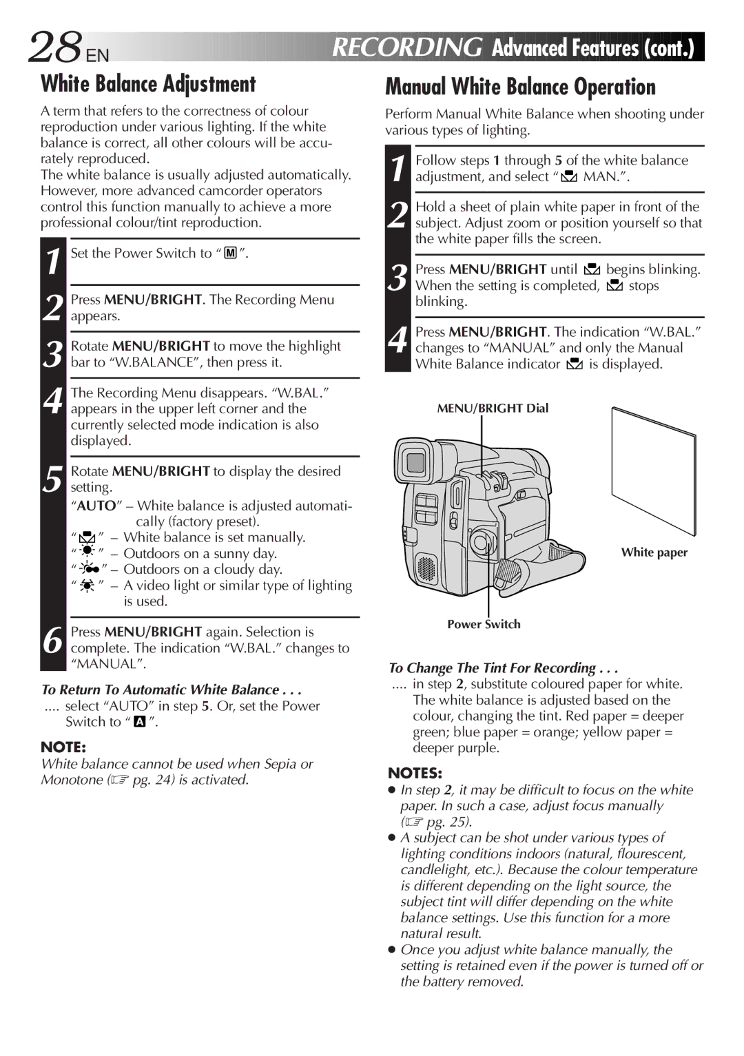 JVC GR-DVL28, GR-DVL33 White Balance Adjustment, Manual White Balance Operation, To Return To Automatic White Balance 