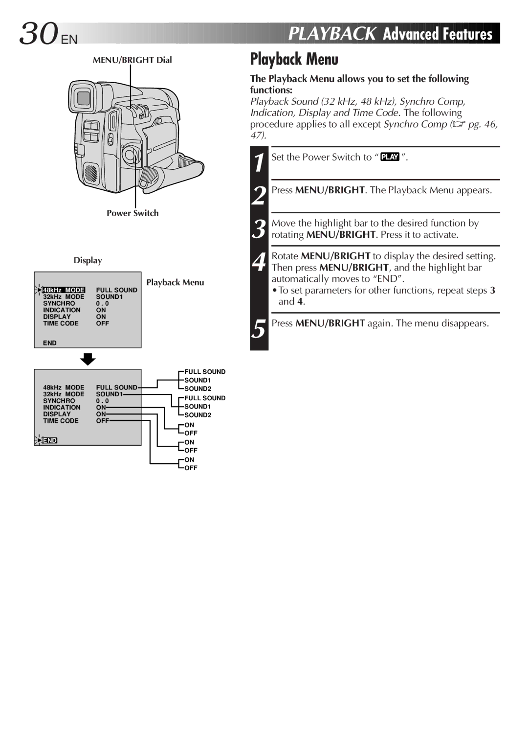 JVC GR-DVL48, GR-DVL28, GR-DVL33, GR-DVL38 specifications Playback Menu allows you to set the following functions 