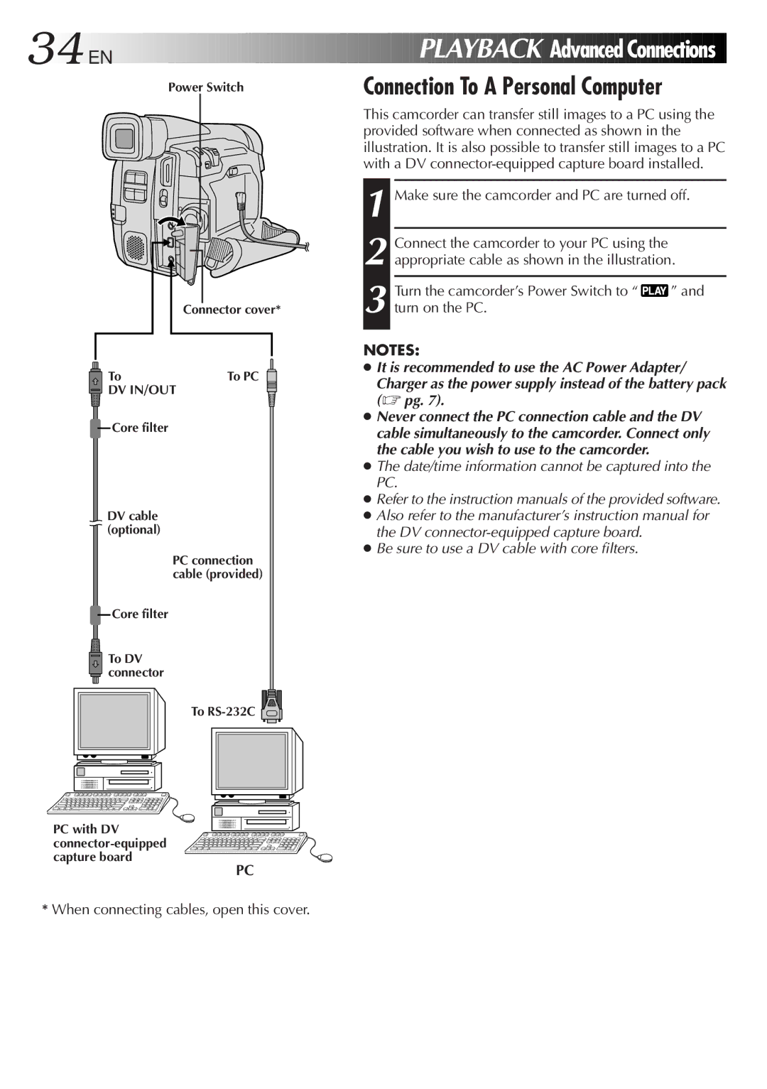 JVC GR-DVL48, GR-DVL28, GR-DVL33, GR-DVL38 34 EN, Playback Advanced Connections, Connection To a Personal Computer 