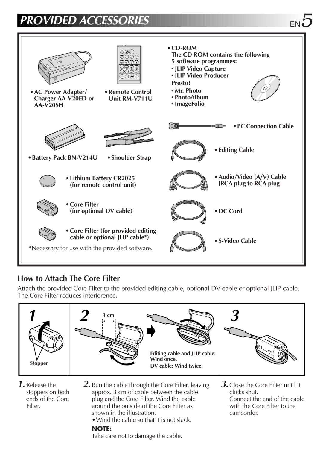 JVC GR-DVL33, GR-DVL28, GR-DVL48, GR-DVL38 specifications EN5, How to Attach The Core Filter 