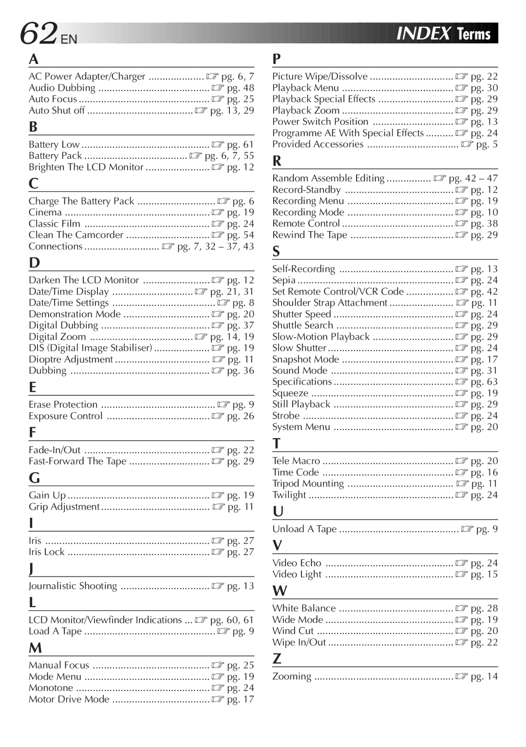 JVC GR-DVL48, GR-DVL28, GR-DVL33, GR-DVL38 specifications 62 EN 