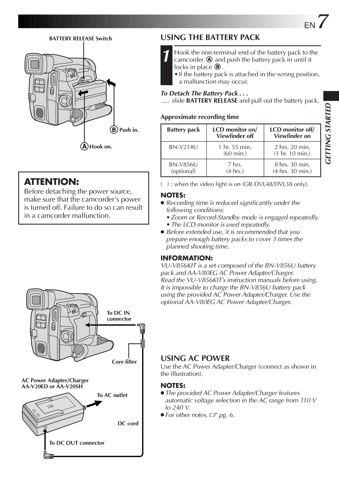 JVC GR-DVL38, GR-DVL28 EN7, Using the Battery Pack, Using AC Power, To Detach The Battery Pack, Approximate recording time 