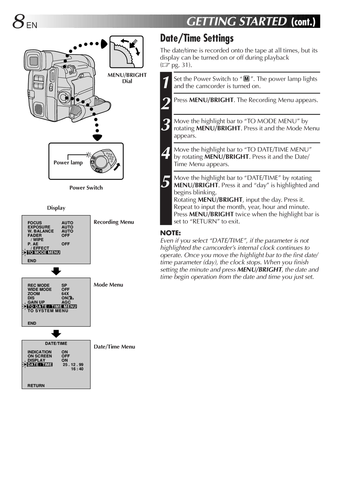 JVC GR-DVL28, GR-DVL33, GR-DVL48, GR-DVL38 specifications EN Getting Started, Date/Time Settings 