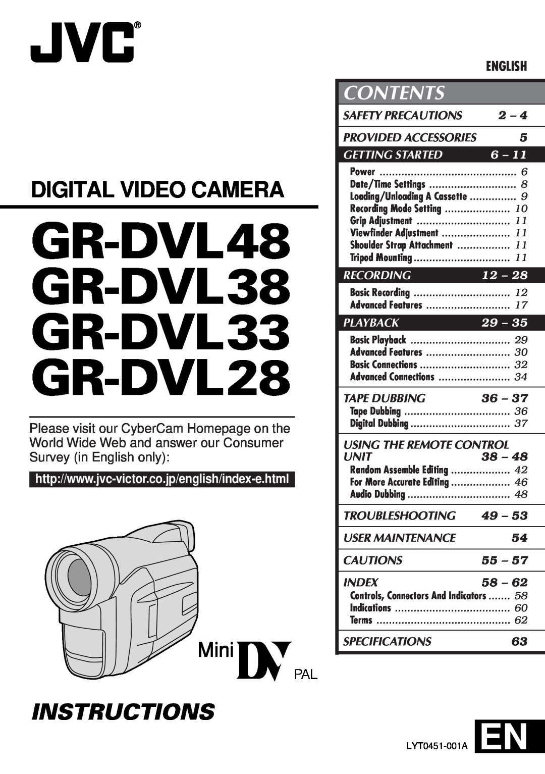JVC GR-DVL33 specifications Contents, Safety Precautions, Tape Dubbing, Using The Remote Control, Unit, Troubleshooting 