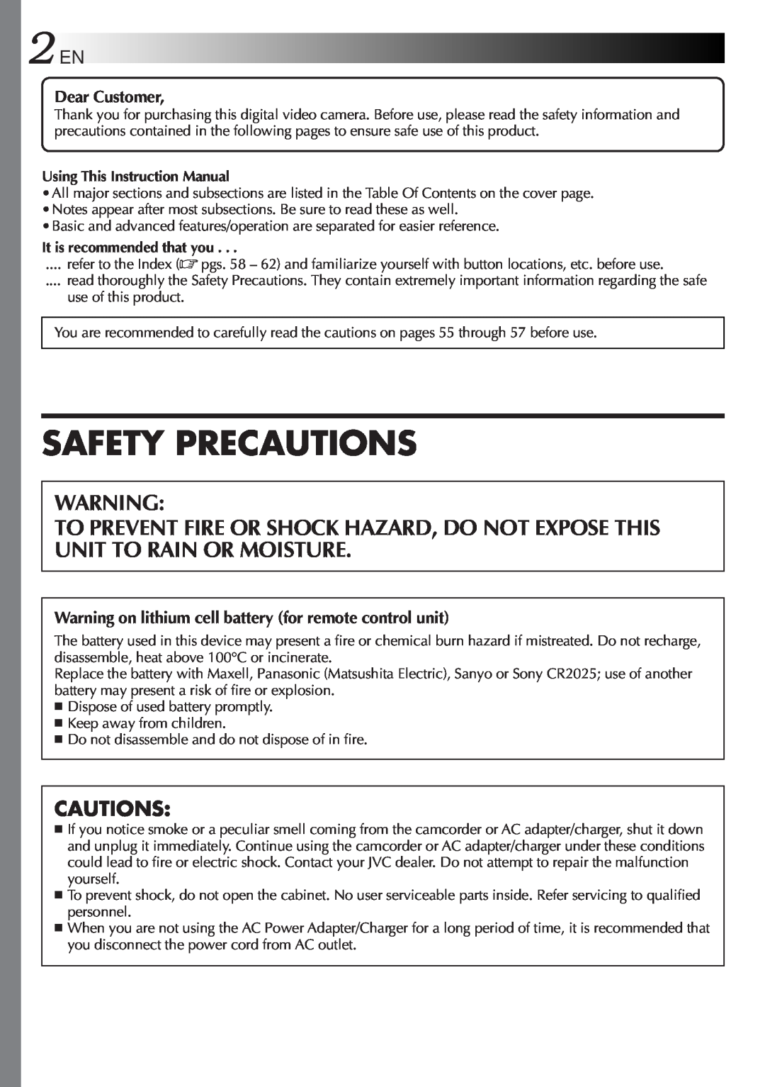 JVC GR-DVL48 Cautions, Dear Customer, Warning on lithium cell battery for remote control unit, Safety Precautions 