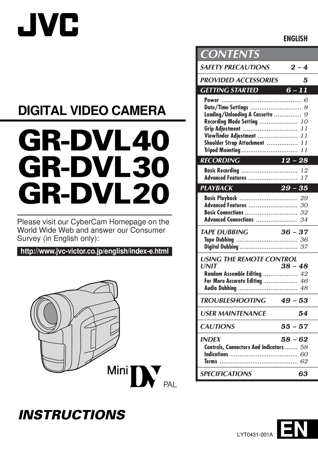 JVC specifications GR-DVL40 GR-DVL30 GR-DVL20 