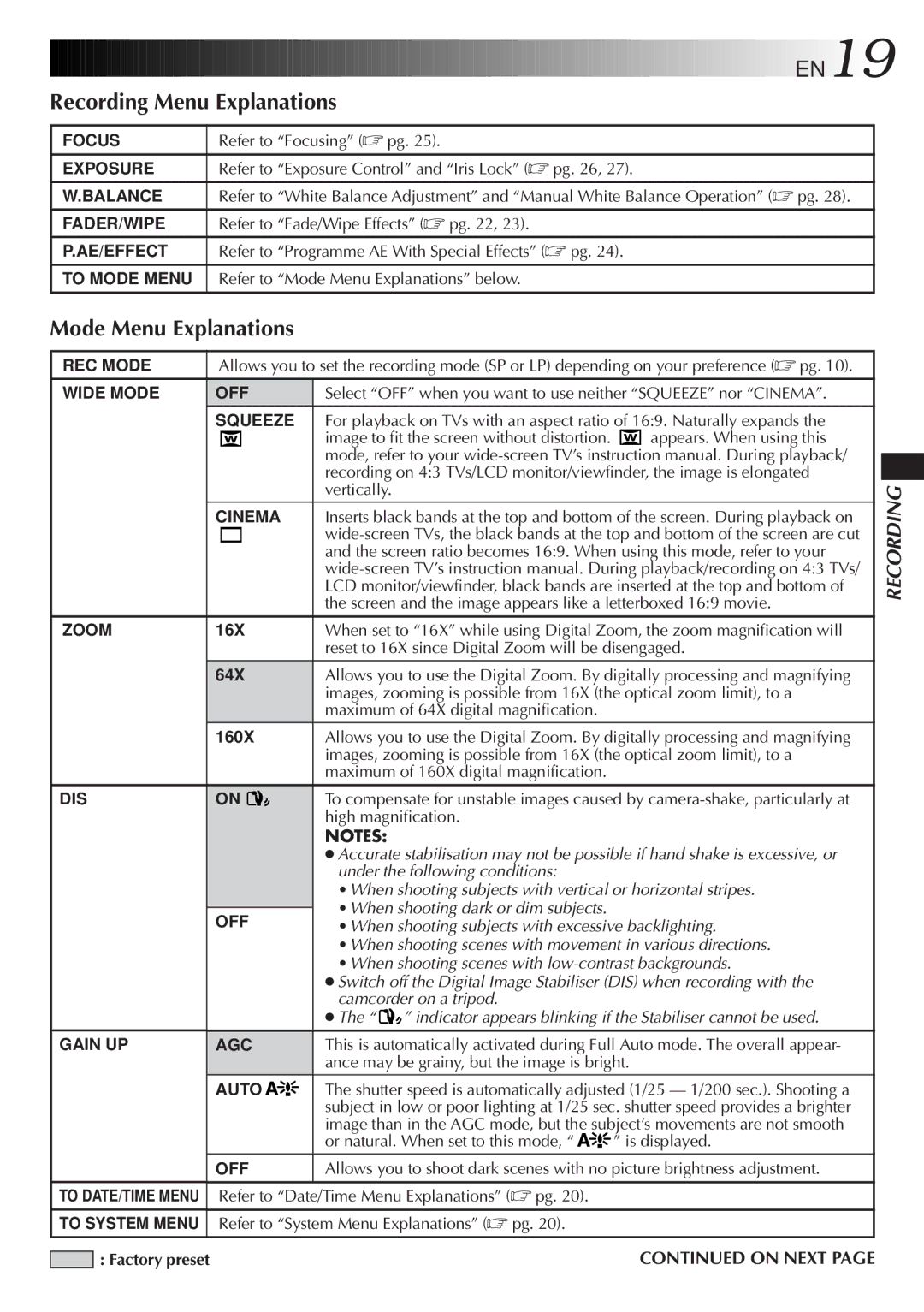 JVC GR-DVL30 specifications Recording Menu Explanations, Mode Menu Explanations, On Next 