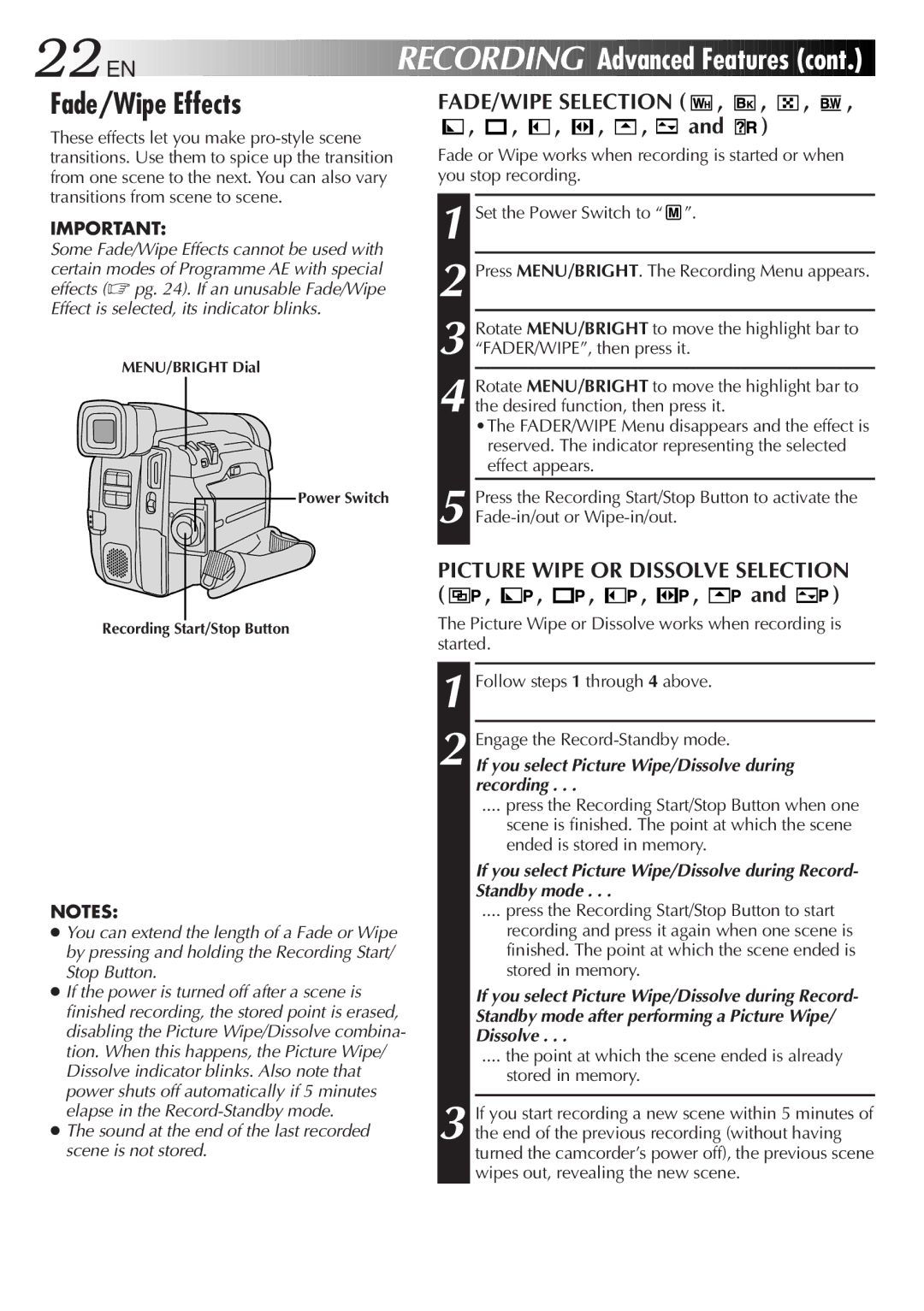 JVC GR-DVL30 specifications 22 EN, Fade/Wipe Effects, Picture Wipe or Dissolve Selection 