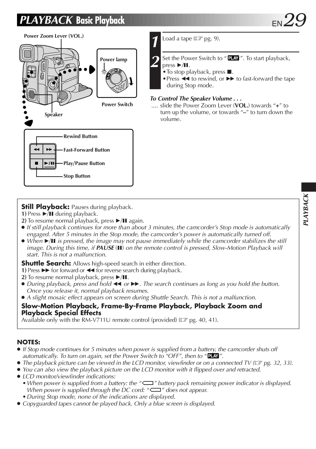 JVC GR-DVL30 specifications Basic Playback, EN29, Load a tape pg Set the Power Switch to, To Control The Speaker Volume 