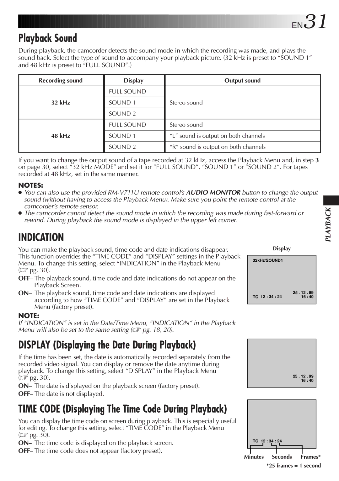 JVC GR-DVL30 specifications Playback Sound, Display Displaying the Date During Playback, EN31 