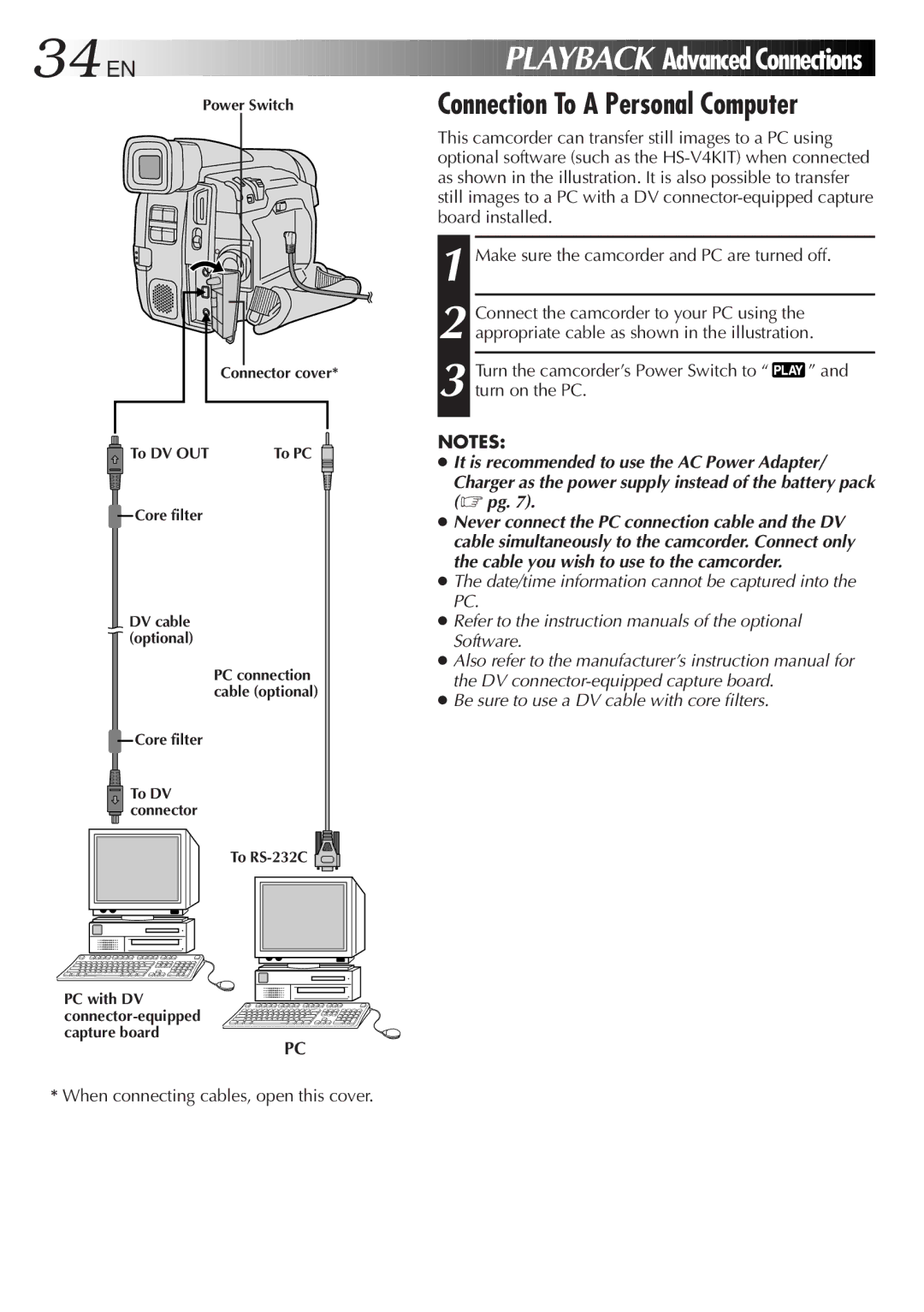 JVC GR-DVL30 specifications 34 EN, Playback Advanced Connections, Connection To a Personal Computer 