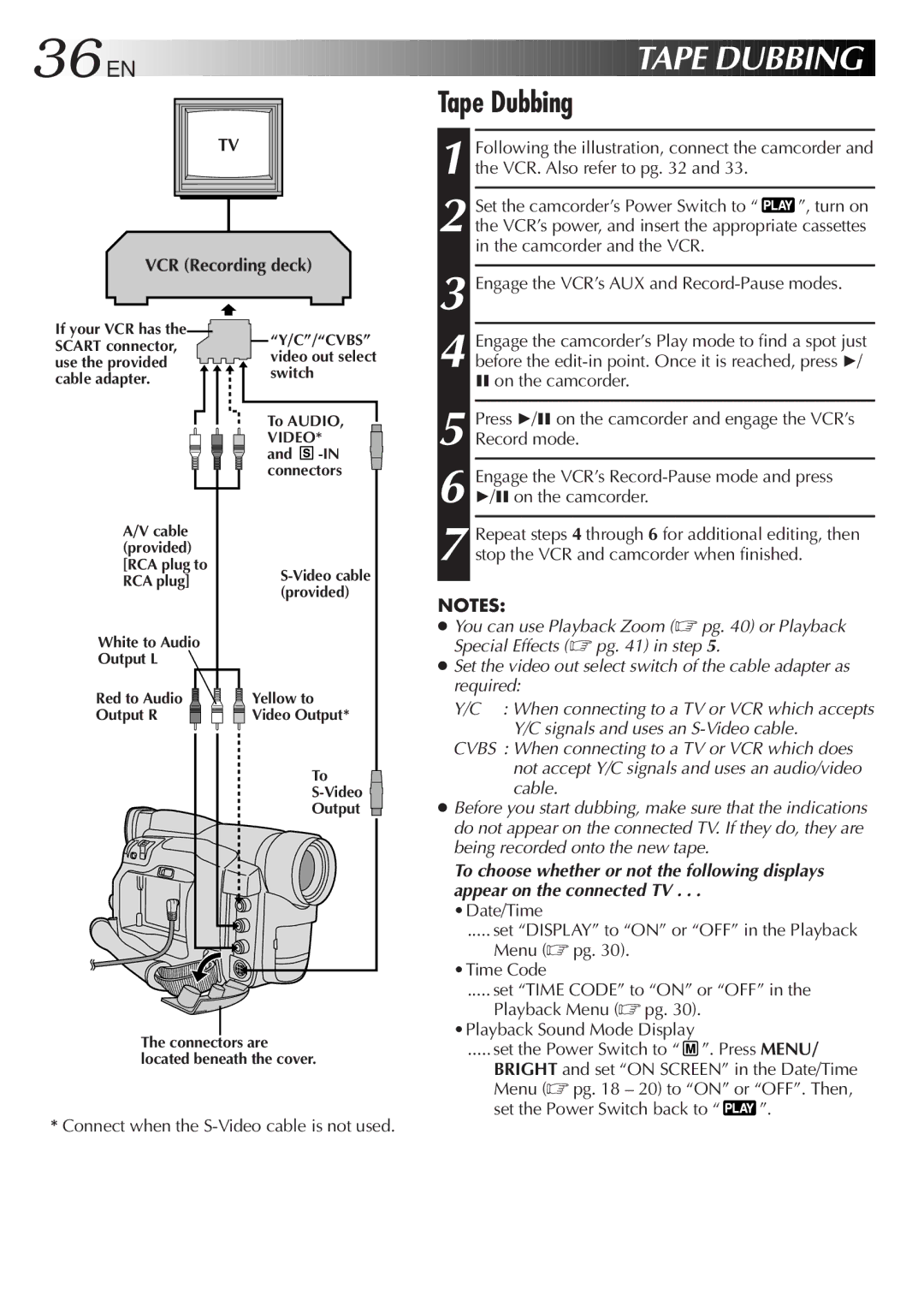 JVC GR-DVL30 specifications 36 EN, Tape Dubbing, VCR Recording deck, Connect when the S-Video cable is not used 