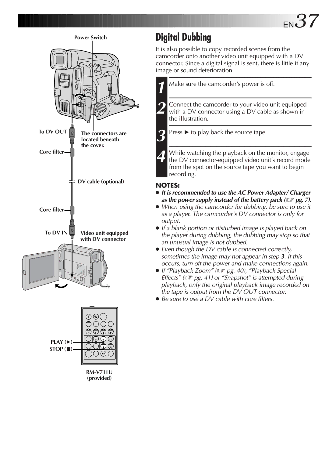 JVC GR-DVL30 specifications Digital Dubbing, EN37 