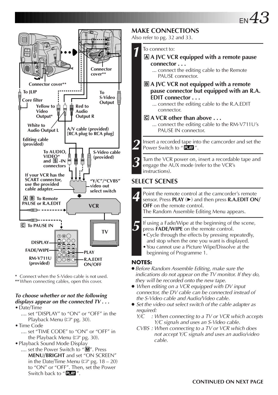 JVC GR-DVL30 EN43, Make Connections, Select Scenes, JVC VCR equipped with a remote pause connector, VCR other than above 