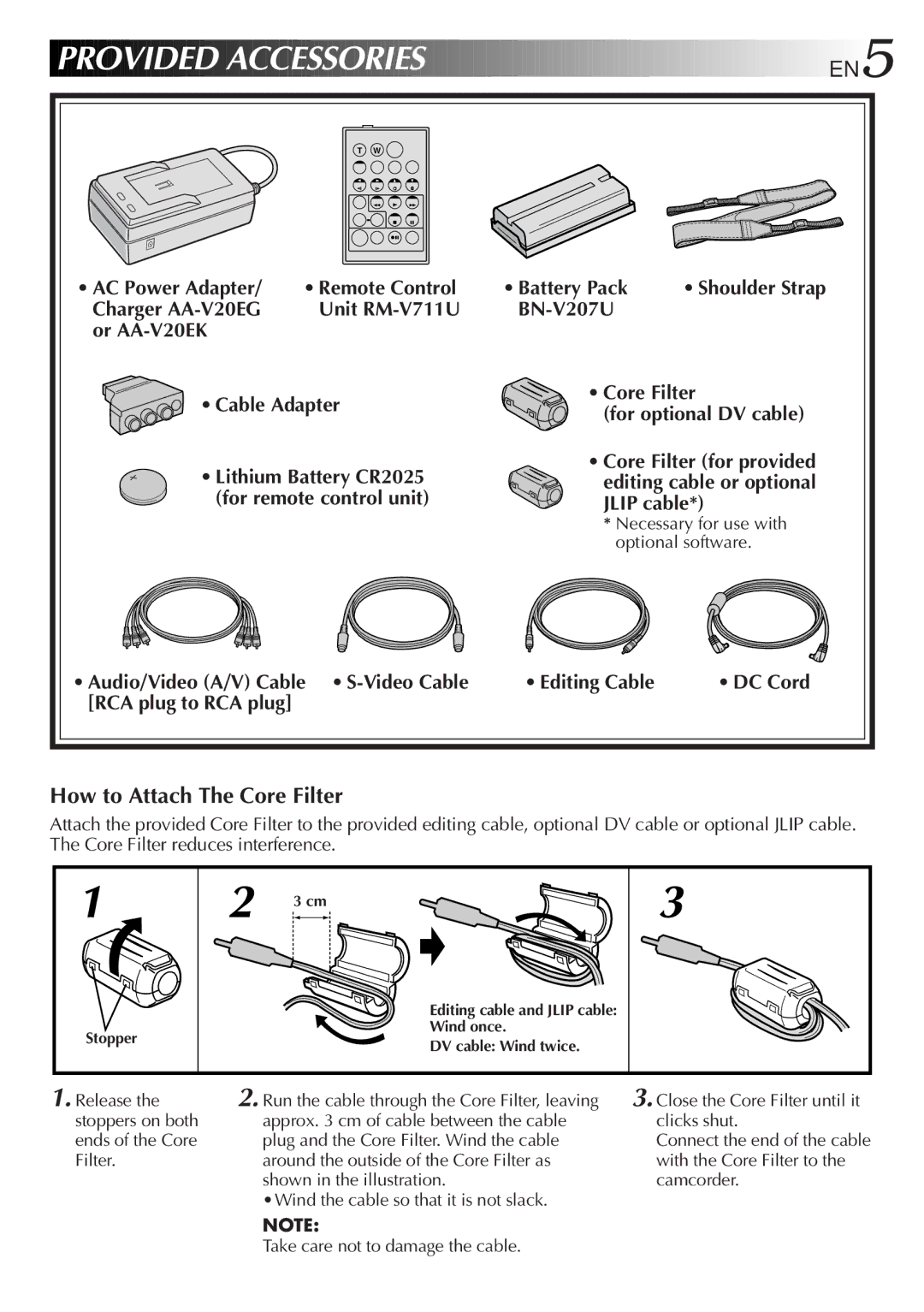 JVC GR-DVL30 How to Attach The Core Filter, Lithium Battery CR2025 for remote control unit Battery Pack, Release 