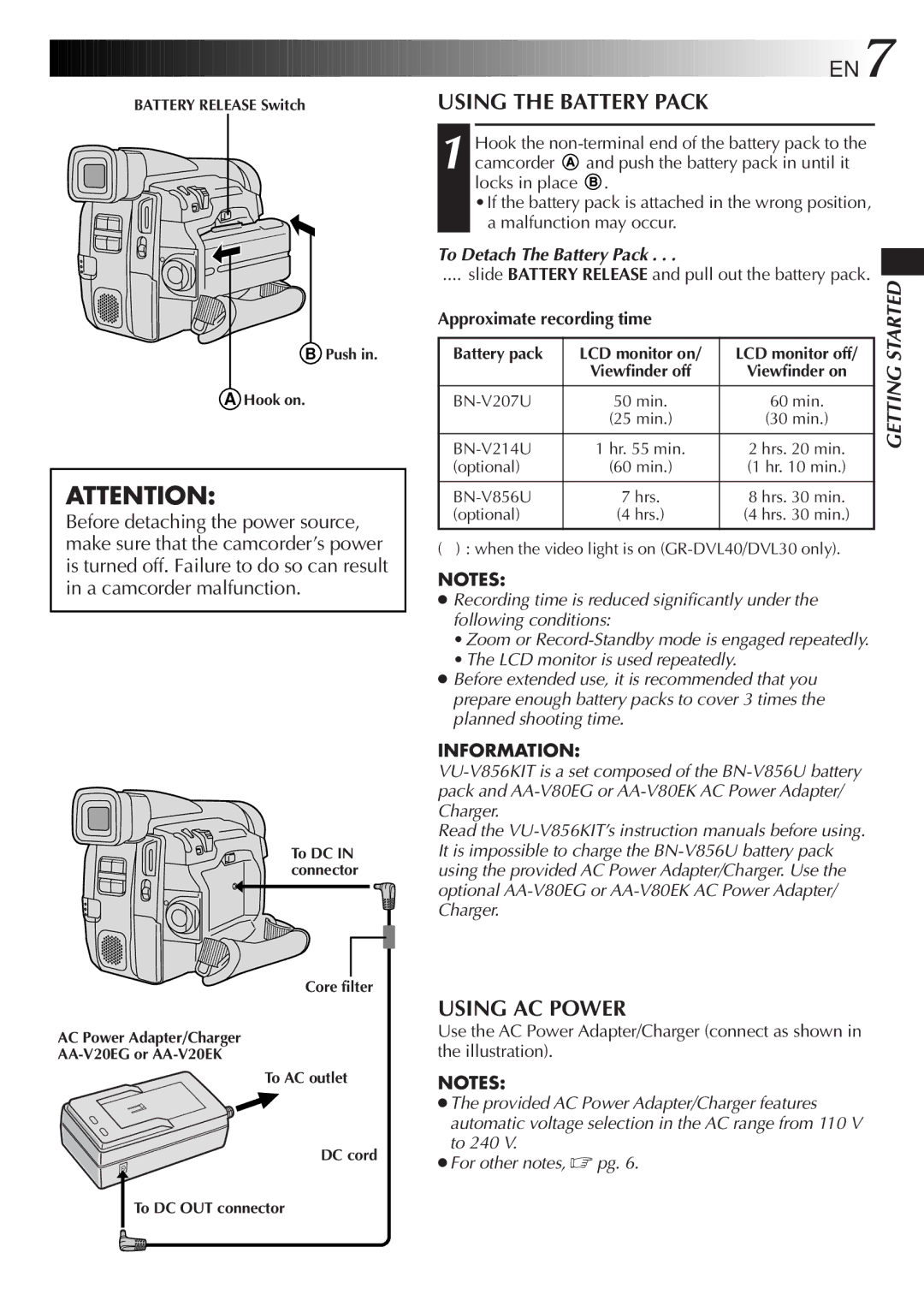 JVC GR-DVL30 specifications EN7, Using the Battery Pack, Using AC Power, To Detach The Battery Pack, Information 