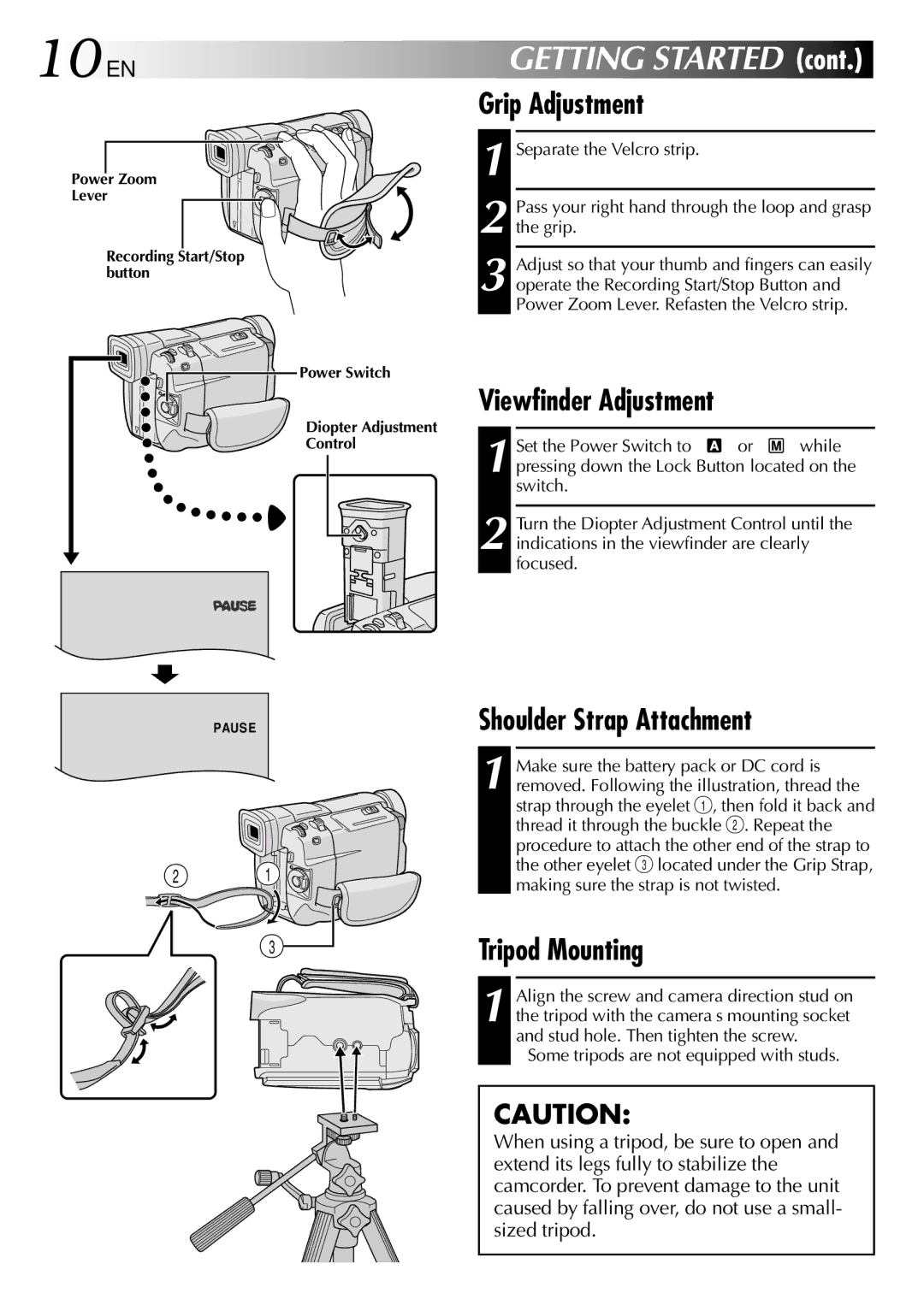 JVC GR-DVL307, GR-DVL507 10 EN, Grip Adjustment, Viewfinder Adjustment, Shoulder Strap Attachment, Tripod Mounting 