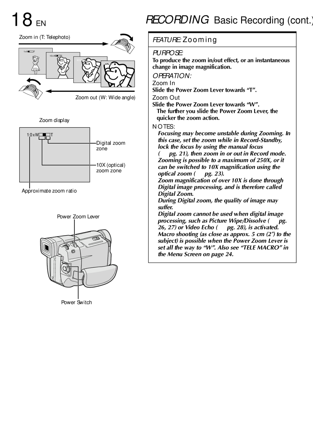 JVC GR-DVL307, GR-DVL507 specifications 18 EN, Slide the Power Zoom Lever towards T, Zoom Out 