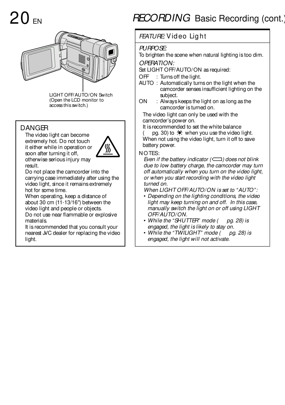 JVC GR-DVL307, GR-DVL507 specifications 20 EN, Feature Video Light, To brighten the scene when natural lighting is too dim 