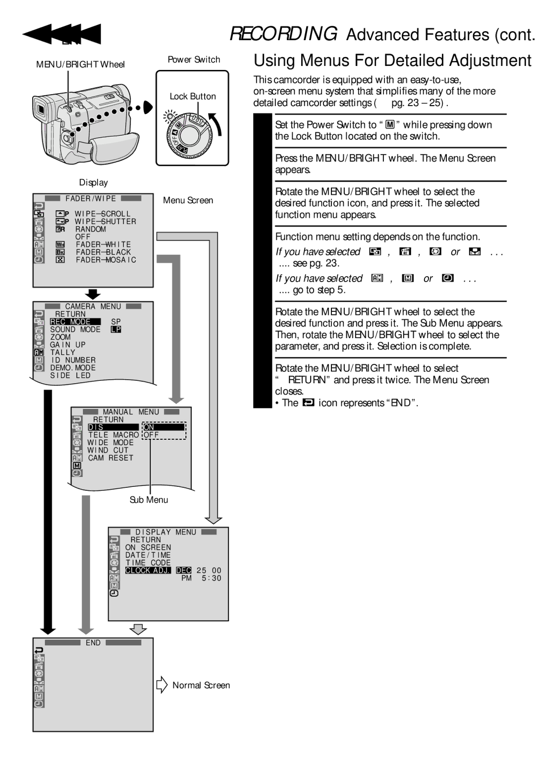 JVC GR-DVL307, GR-DVL507 22 EN, Using Menus For Detailed Adjustment, See pg, If you have selected , or, Go to step 