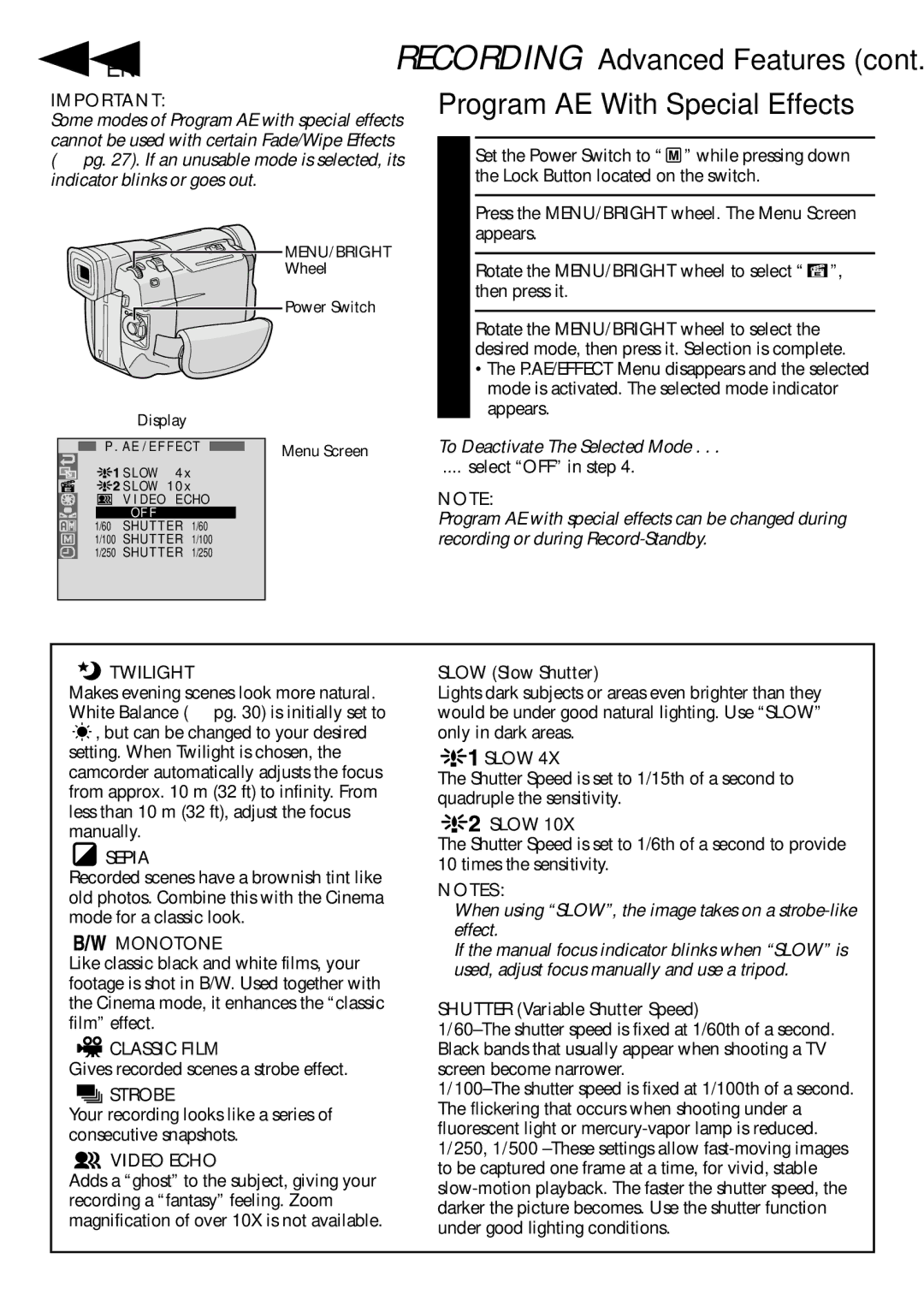 JVC GR-DVL307, GR-DVL507 28 EN, Program AE With Special Effects, To Deactivate The Selected Mode, Slow Slow Shutter 