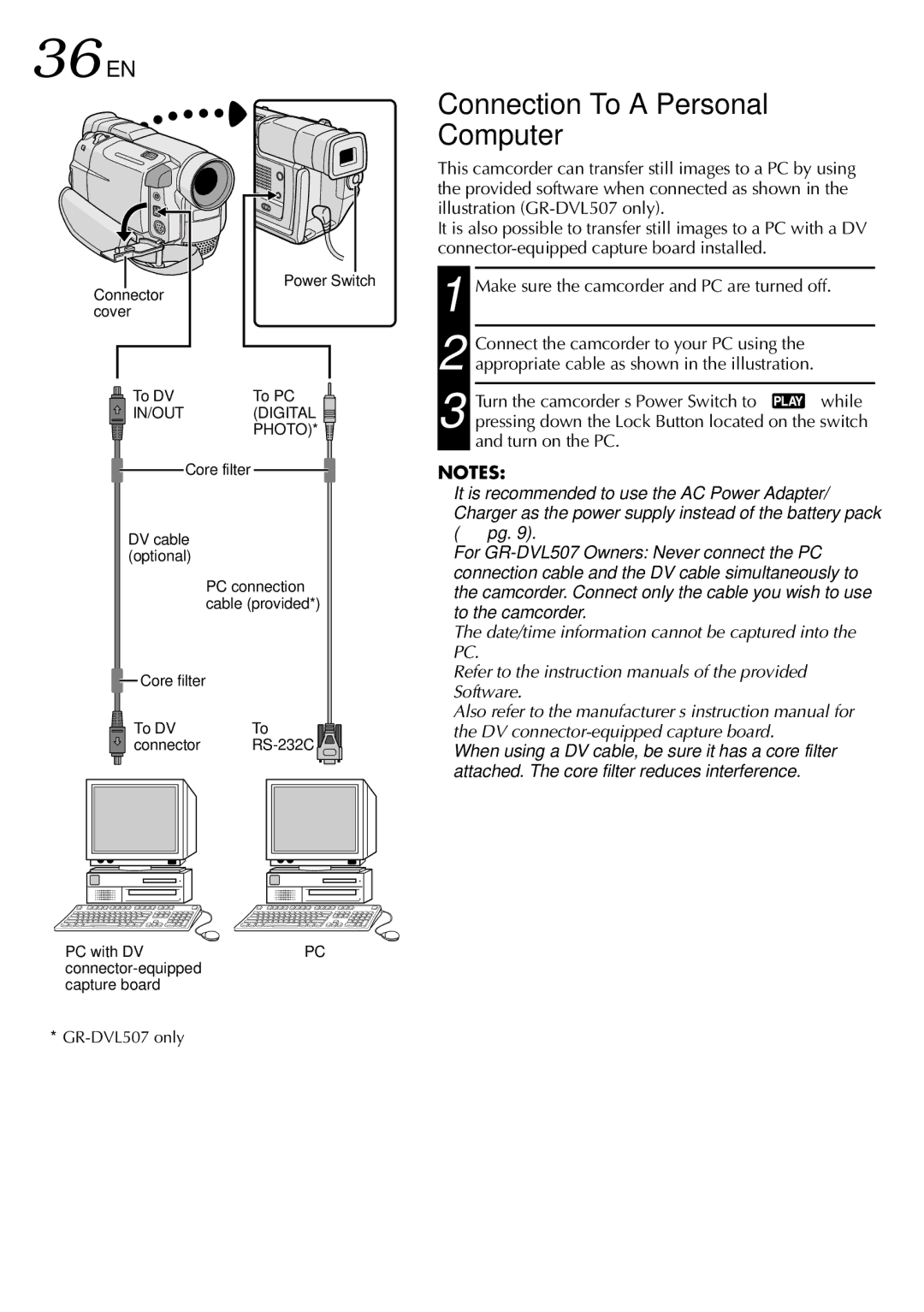 JVC GR-DVL307, GR-DVL507 specifications 36 EN, Connection To a Personal Computer 