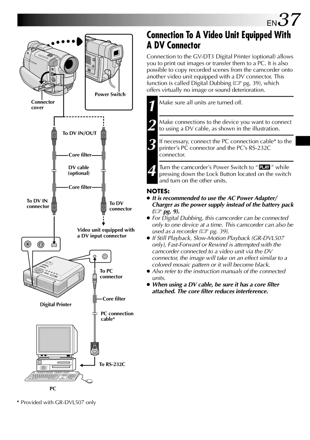 JVC GR-DVL507 Connection To a Video Unit Equipped With a DV Connector, EN37, Make sure all units are turned off,  pg 