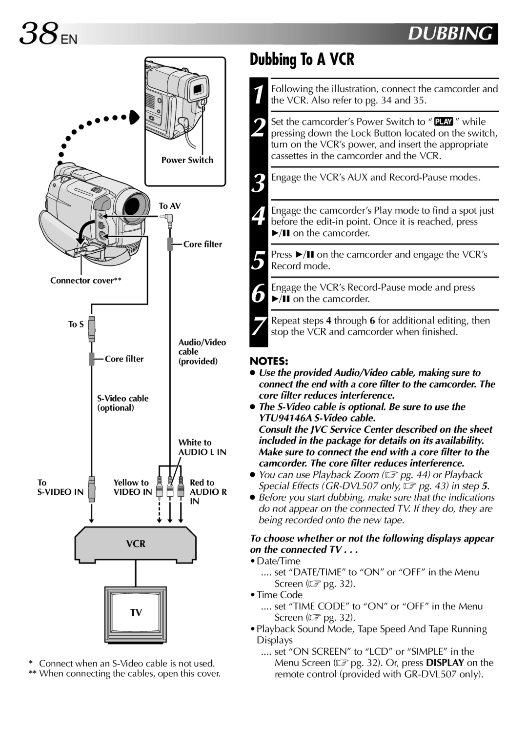 JVC GR-DVL307, GR-DVL507 specifications 38 EN, Dubbing To a VCR, Core filter reduces interference, YTU94146A S-Video cable 