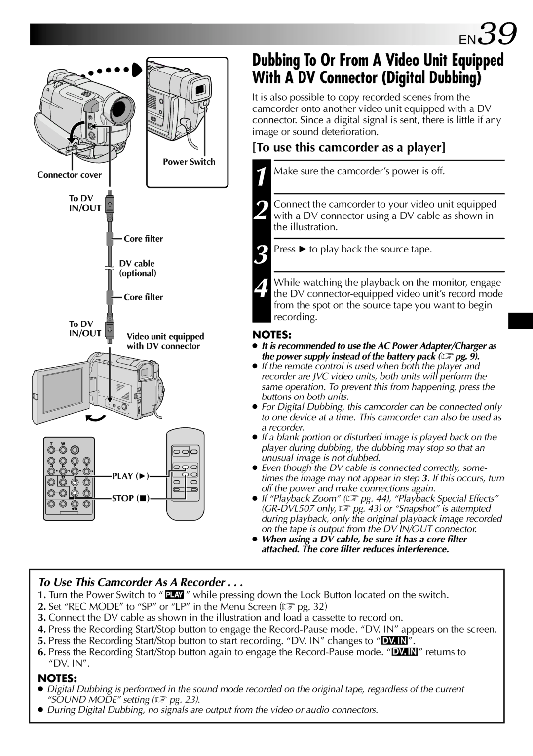 JVC GR-DVL507, GR-DVL307 specifications EN39, To use this camcorder as a player 