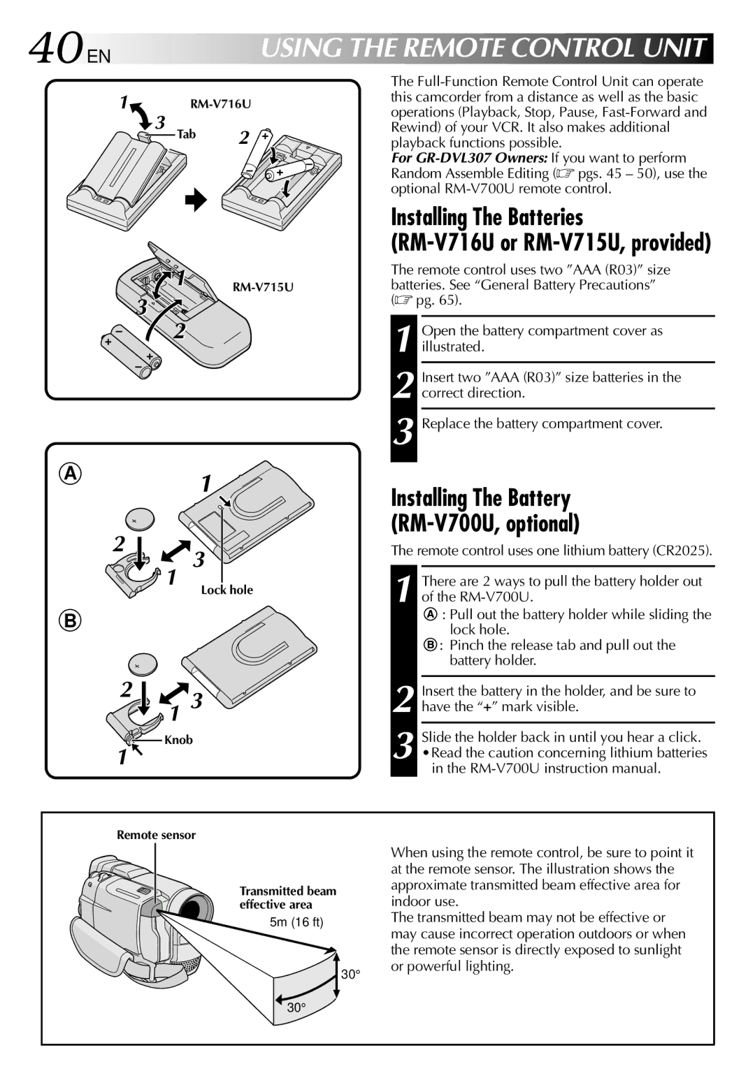 JVC GR-DVL307 40 EN, Installing The Batteries RM-V716U or RM-V715U, provided, Installing The Battery RM-V700U, optional 