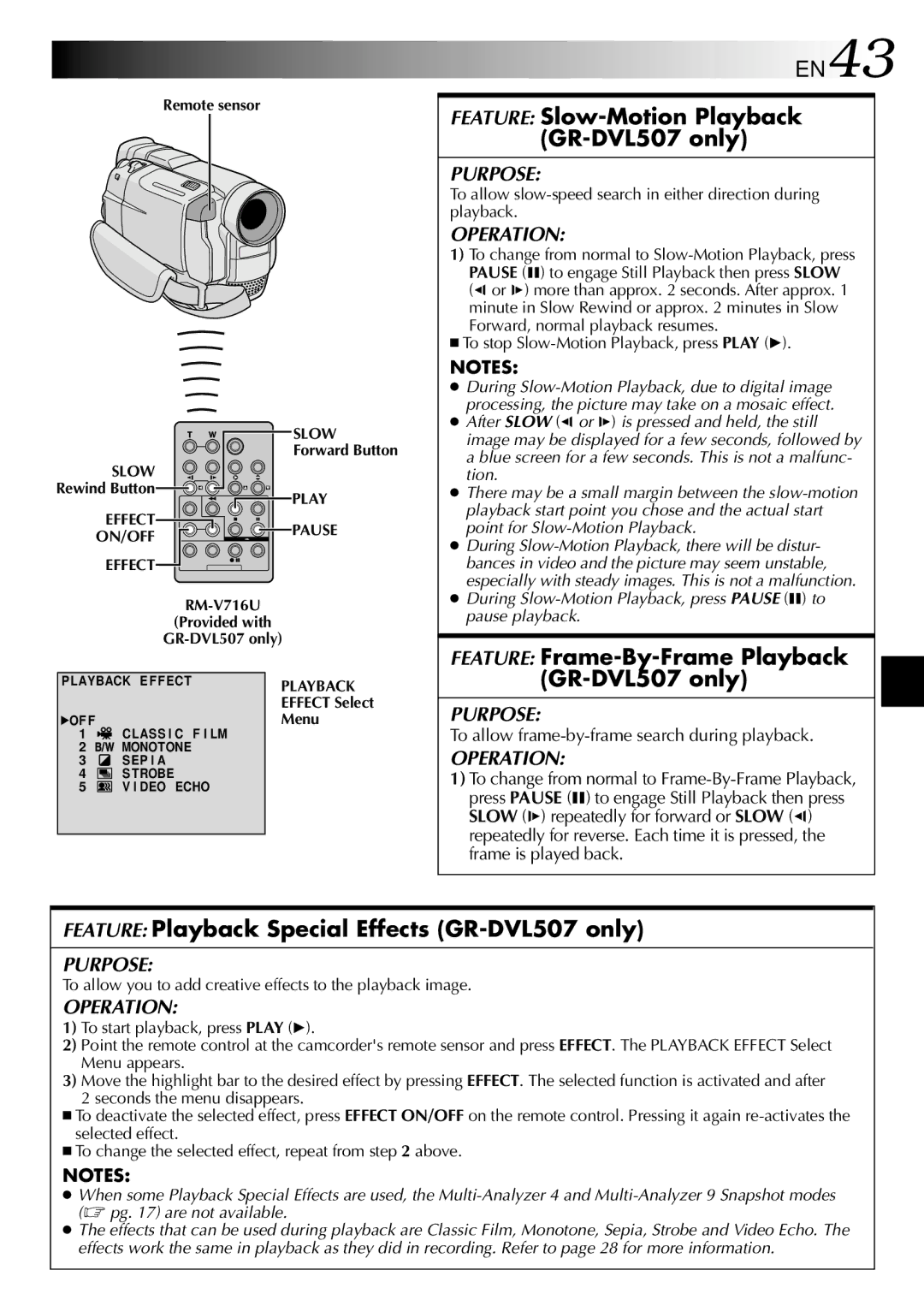 JVC GR-DVL307 EN43, Feature Slow-Motion Playback GR-DVL507 only, Feature Frame-By-Frame Playback GR-DVL507 only 