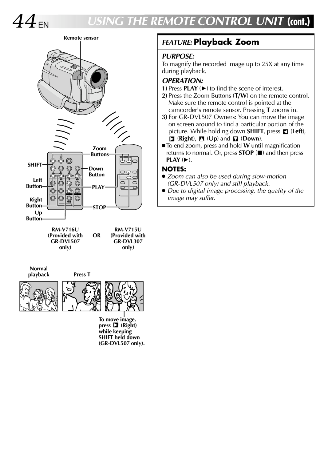 JVC GR-DVL307, GR-DVL507 specifications 44 EN, Feature Playback Zoom, Press Play 4 to find the scene of interest 