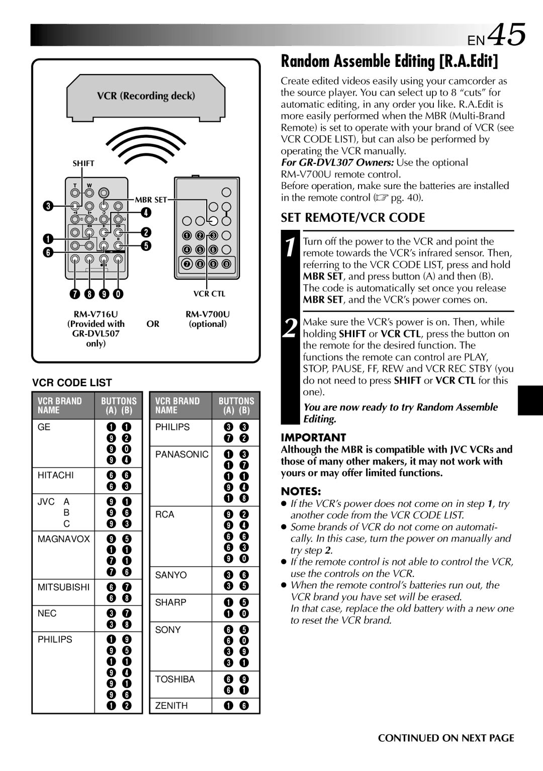 JVC GR-DVL507, GR-DVL307 specifications EN45, SET REMOTE/VCR Code, VCR Recording deck, VCR Code List 