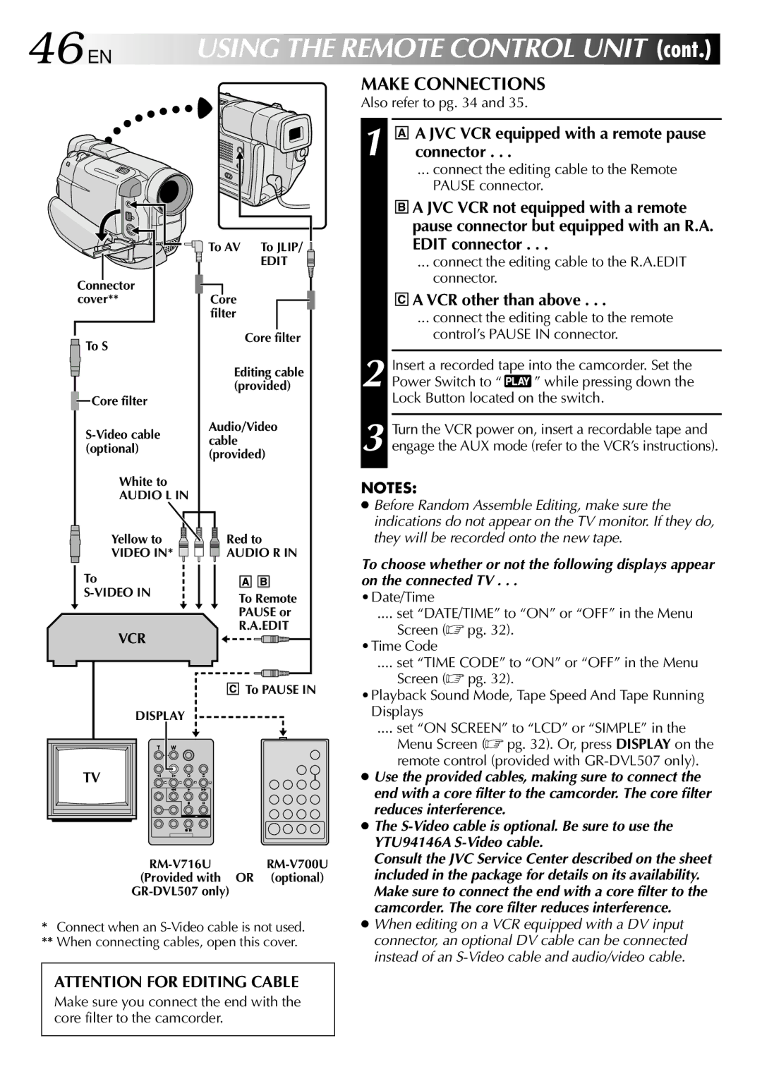 JVC GR-DVL307, GR-DVL507 46 EN, Make Connections, JVC VCR equipped with a remote pause connector, VCR other than above 