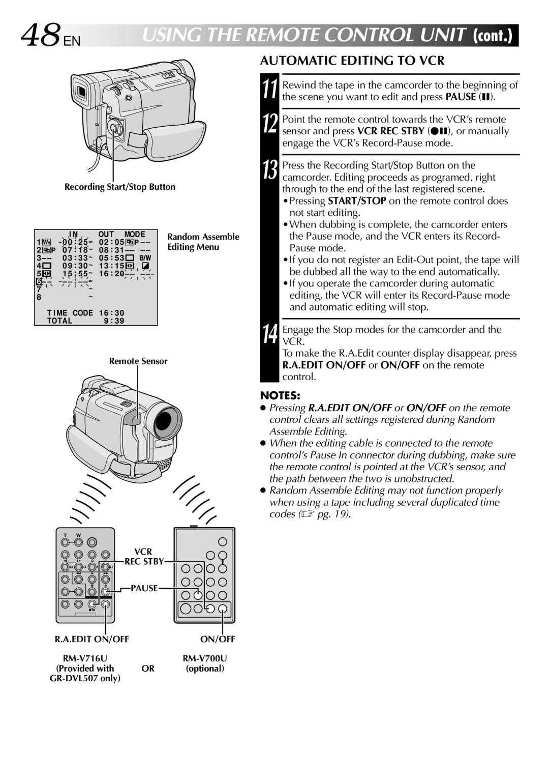 JVC GR-DVL307, GR-DVL507 specifications 48 EN, Automatic Editing to VCR 