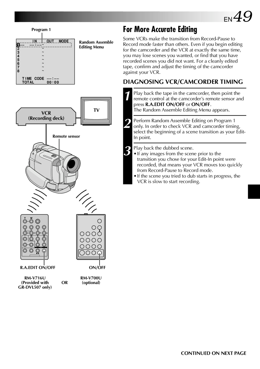 JVC GR-DVL507, GR-DVL307 specifications For More Accurate Editing, EN49, Diagnosing VCR/CAMCORDER Timing, Recording deck 