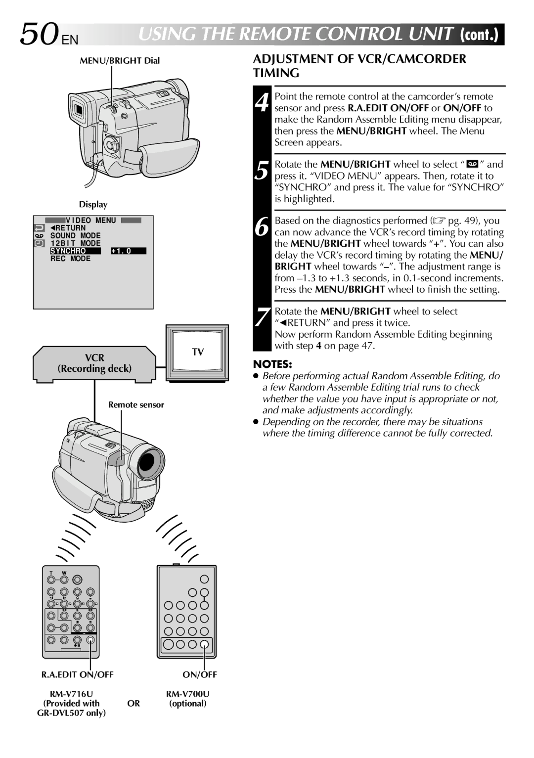 JVC GR-DVL307, GR-DVL507 specifications 50 EN, Adjustment of VCR/CAMCORDER Timing 