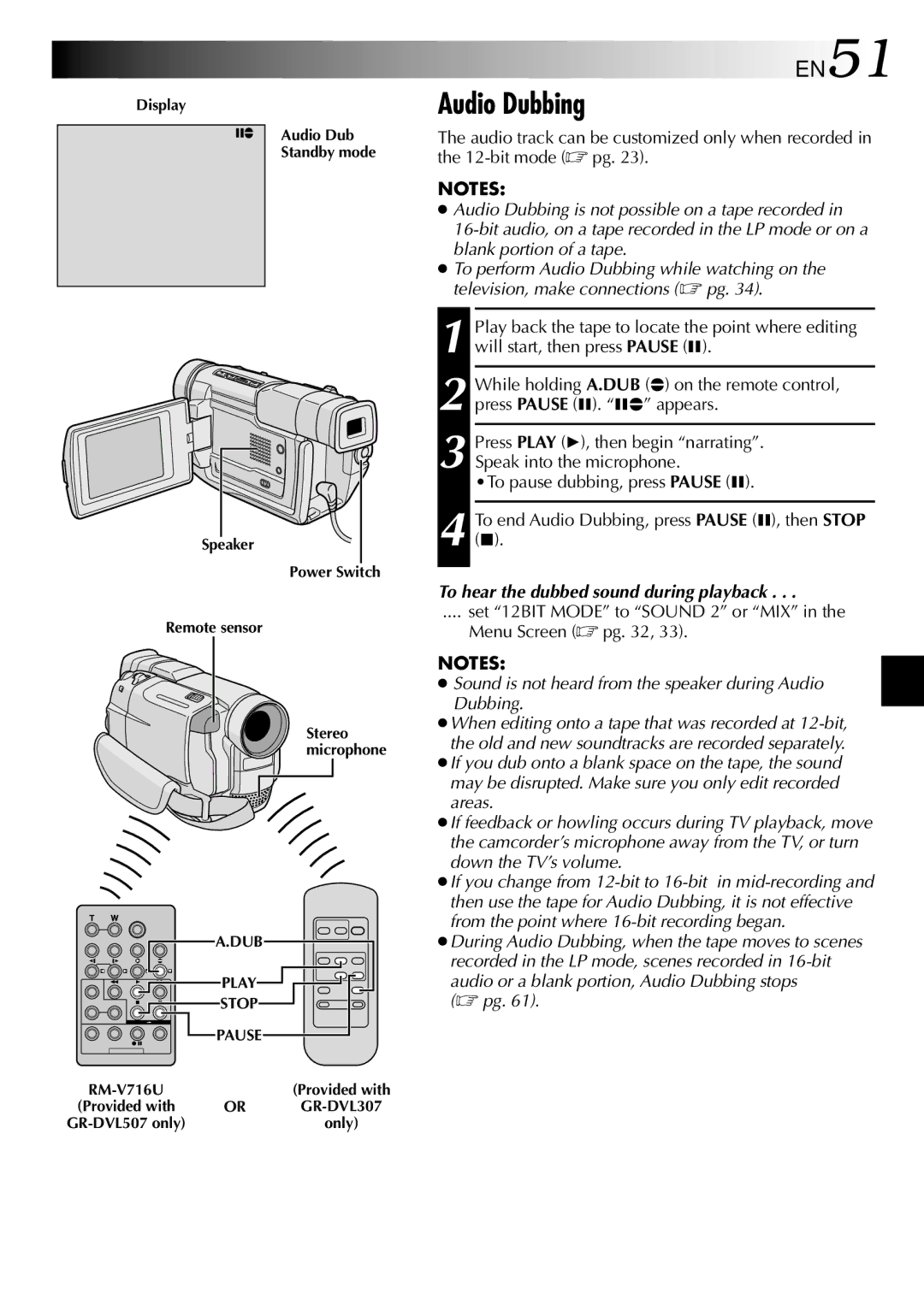 JVC GR-DVL507, GR-DVL307 specifications Audio Dubbing, EN51, To hear the dubbed sound during playback 