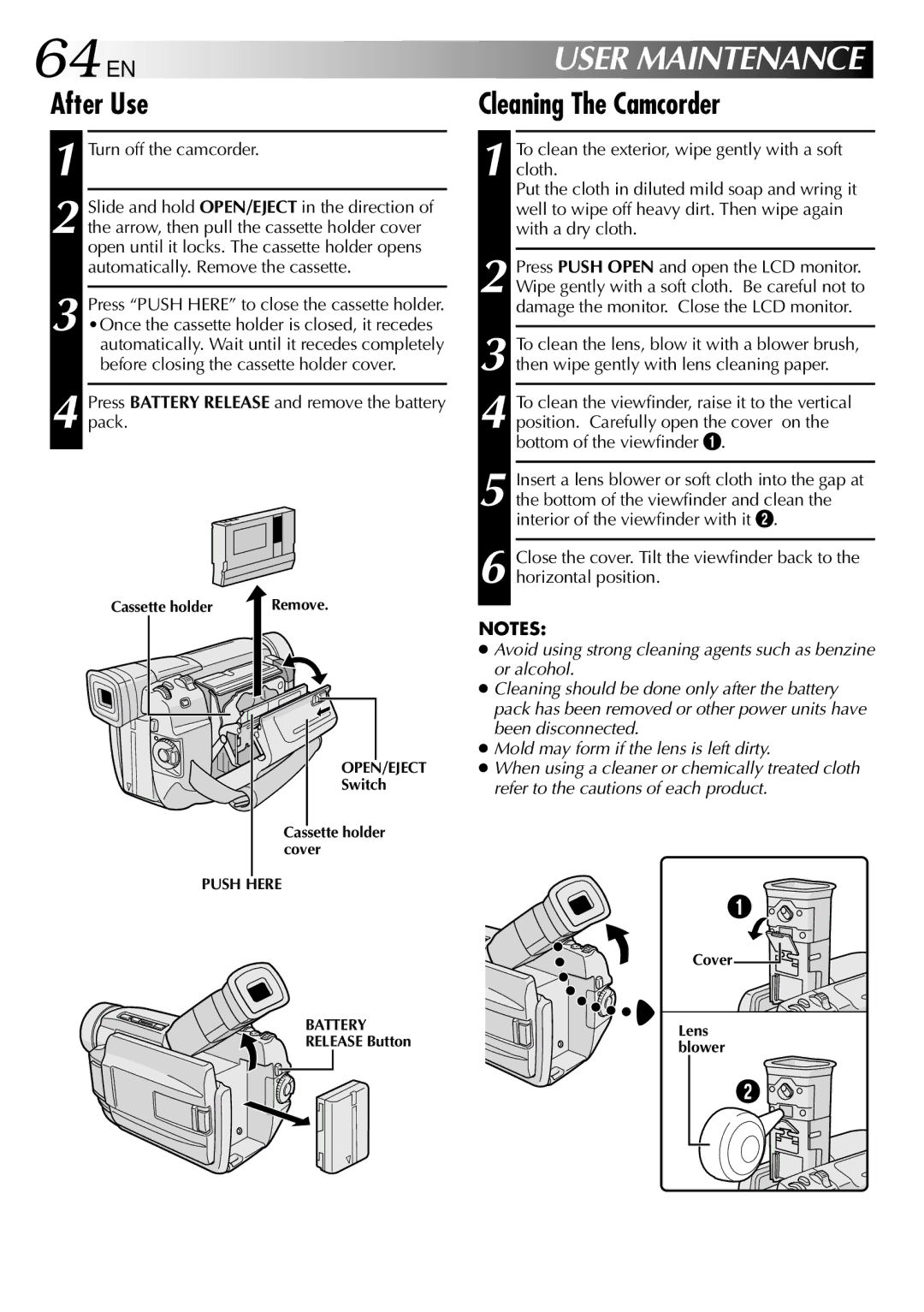 JVC GR-DVL307, GR-DVL507 specifications 64 EN, After Use, Cleaning The Camcorder, Turn off the camcorder 