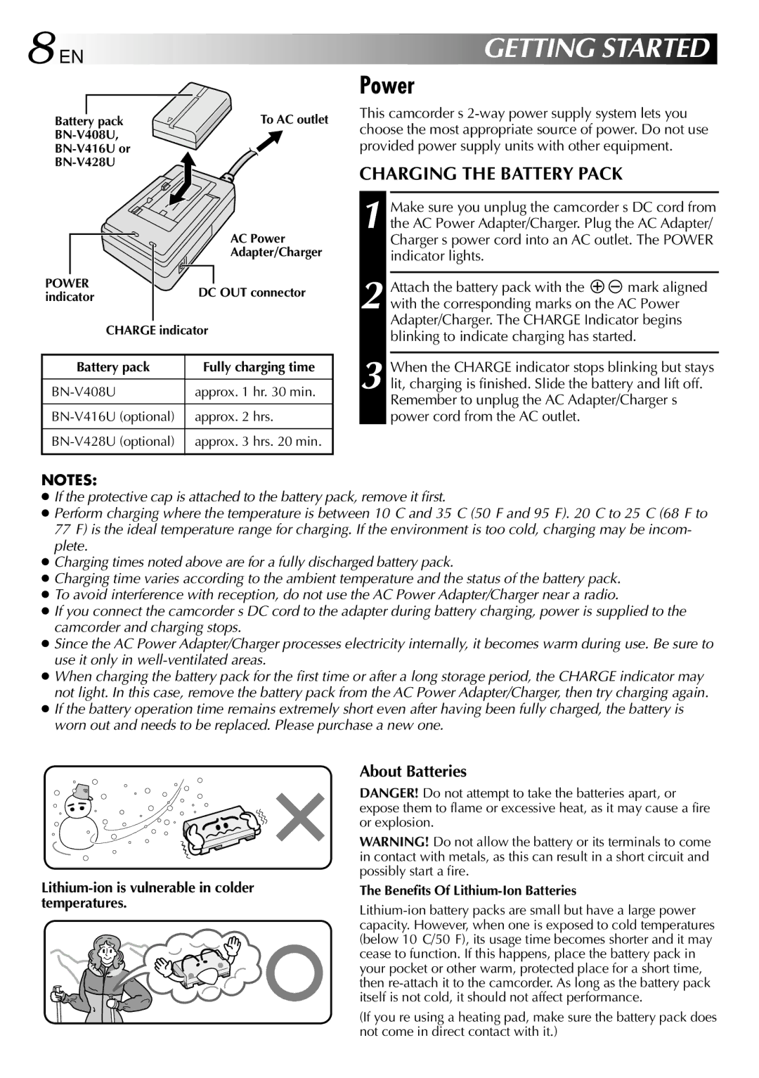 JVC GR-DVL307 Power, Charging the Battery Pack, About Batteries, Lithium-ion is vulnerable in colder temperatures 
