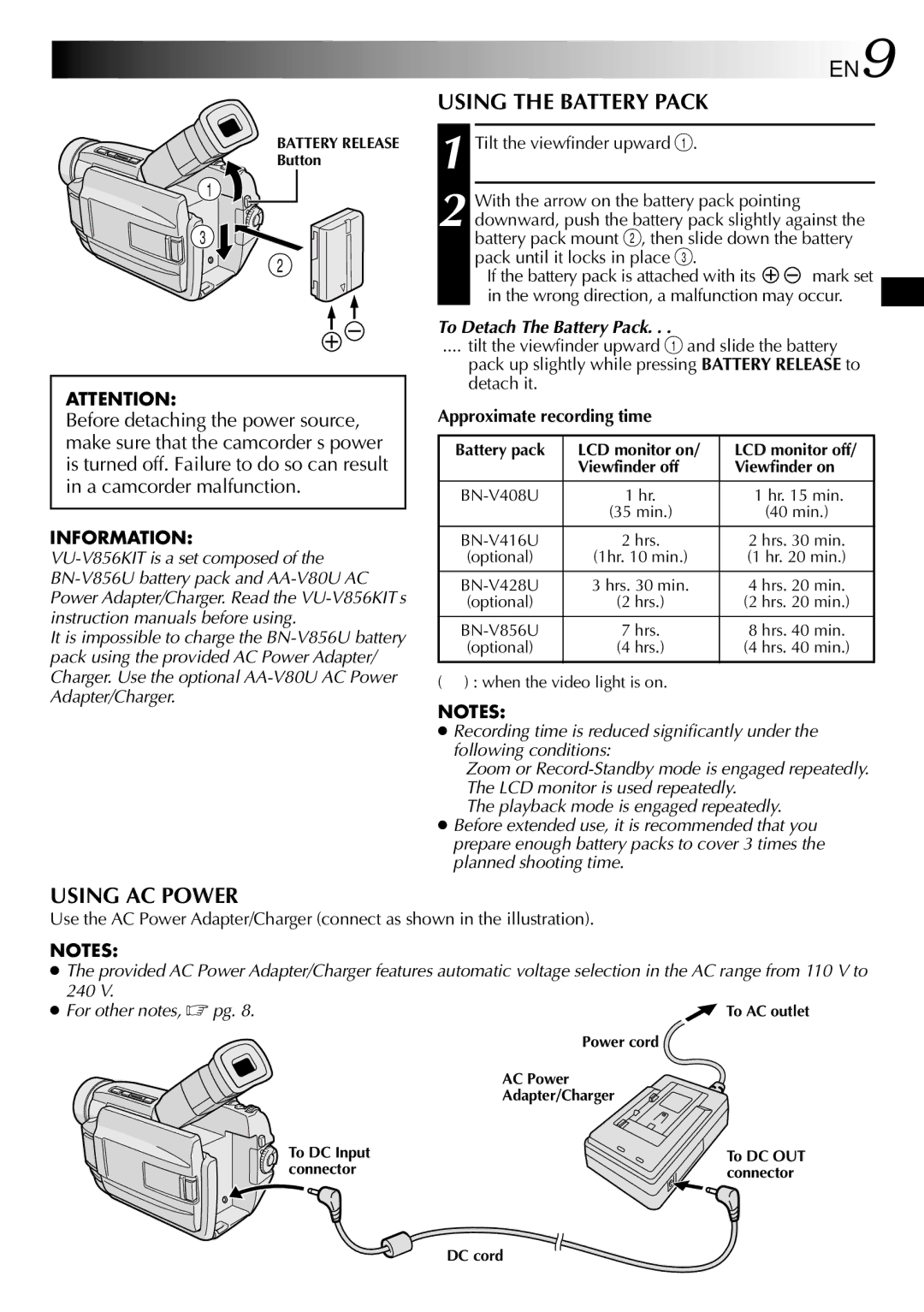 JVC GR-DVL507, GR-DVL307 Using AC Power, To Detach The Battery Pack, Approximate recording time, For other notes,  pg 