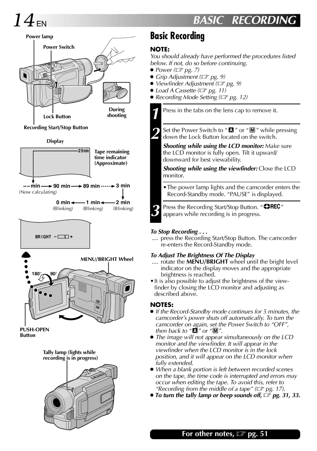 JVC GR-DVL315 specifications 14 EN, Basic Recording, To Stop Recording, To Adjust The Brightness Of The Display 