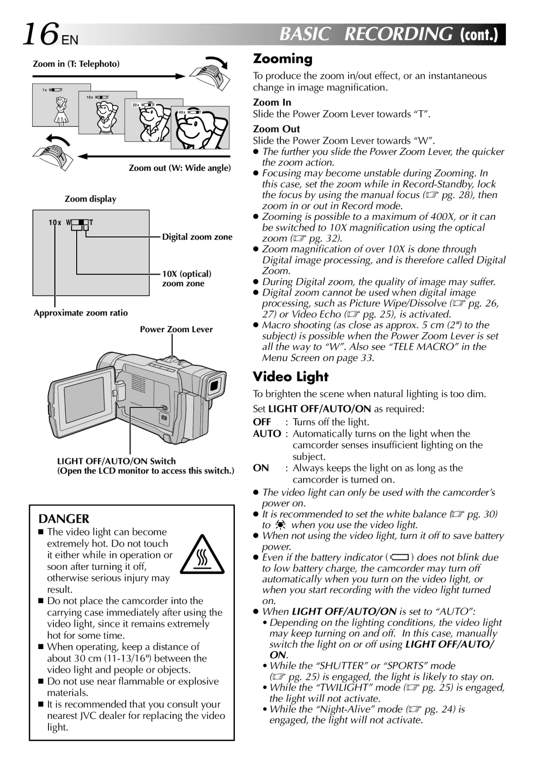 JVC GR-DVL315 specifications 16 EN, Zooming, Video Light 