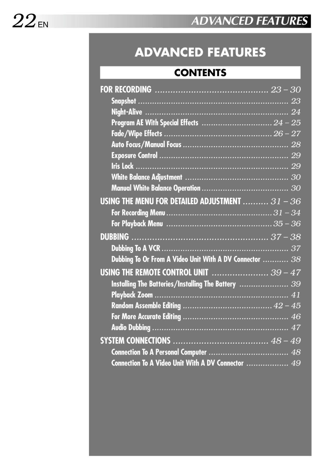 JVC GR-DVL315 specifications 22 EN, Advanced Features 