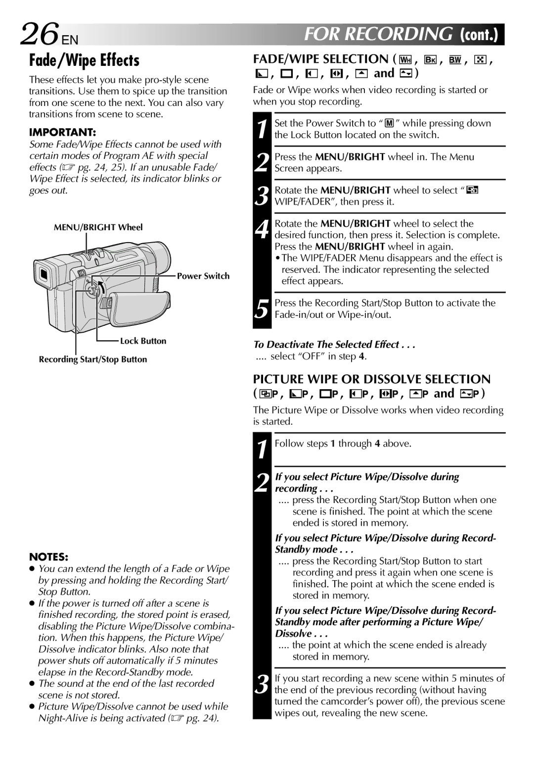 JVC GR-DVL315 specifications 26 EN, Fade/Wipe Effects, FADE/WIPE Selection, Picture Wipe or Dissolve Selection 