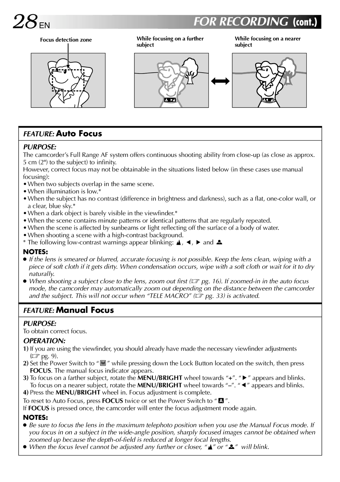 JVC GR-DVL315 specifications 28 EN, Feature Auto Focus, Feature Manual Focus, To obtain correct focus 