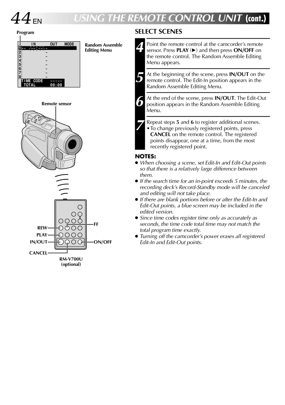 JVC GR-DVL315 specifications 44 EN, Select Scenes 