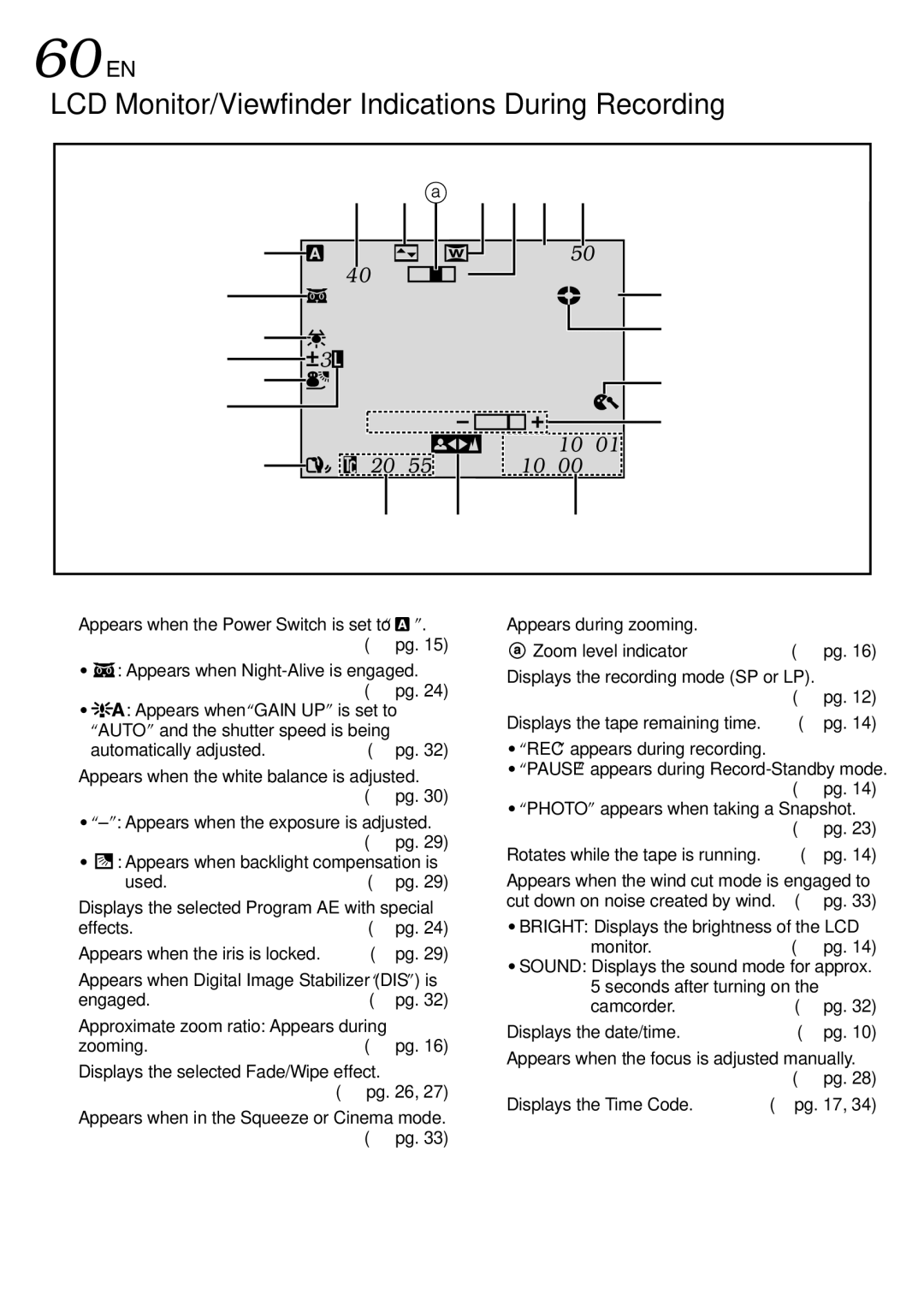 JVC GR-DVL315 specifications 60 EN, LCD Monitor/Viewfinder Indications During Recording 