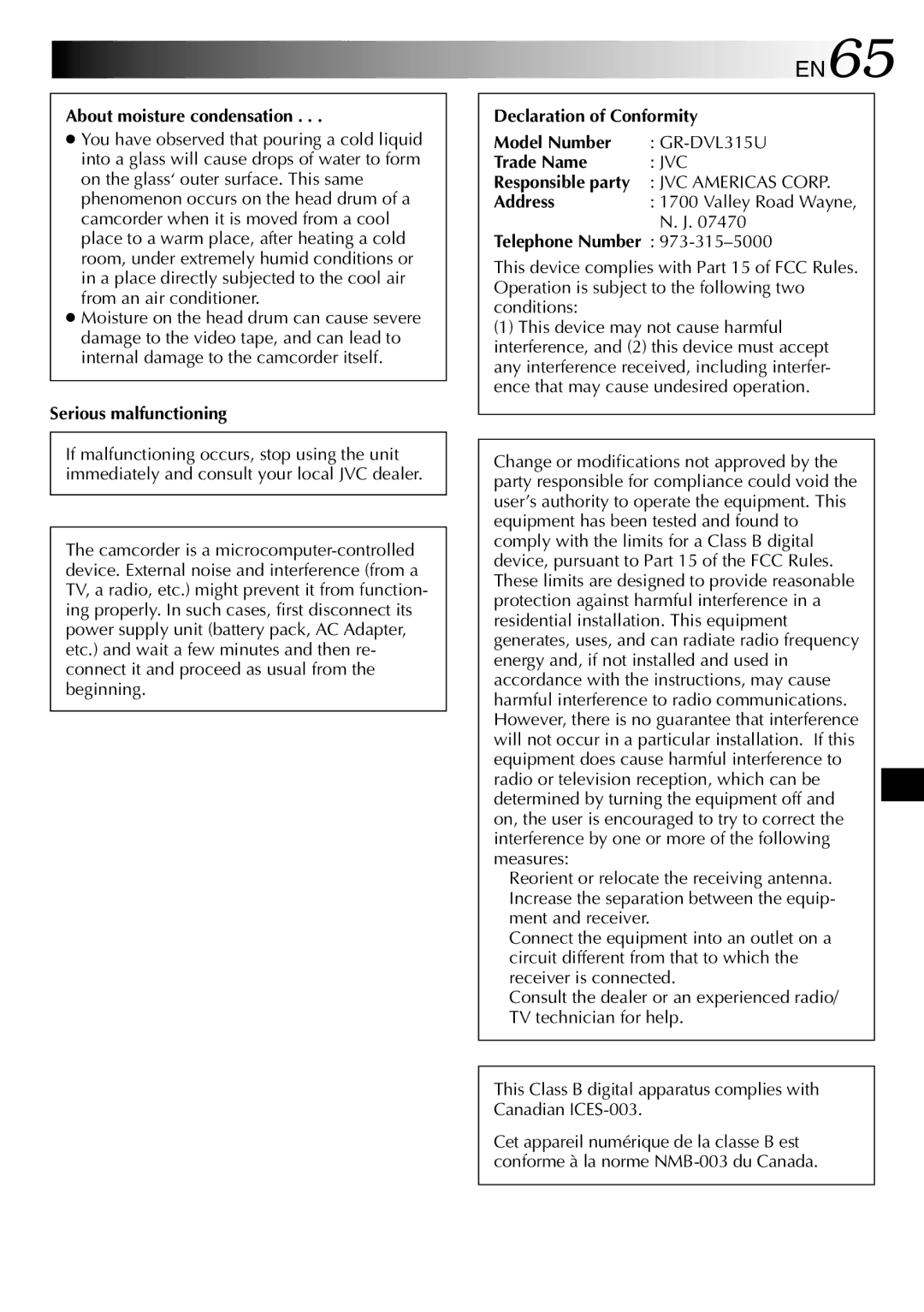 JVC GR-DVL315 About moisture condensation, Serious malfunctioning, Declaration of Conformity Model Number, Trade Name 